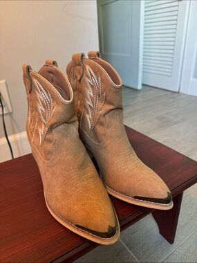 Women’s Tan Suede-like Western Ankle Boots - Unbranded